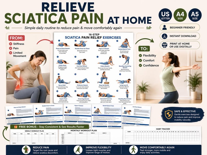Sciatica Exercises Printable, Gentle Lower Back & Hip Stretch Routine, Sciatic Nerve Mobility Chart PDF — original Etsy mockup 6