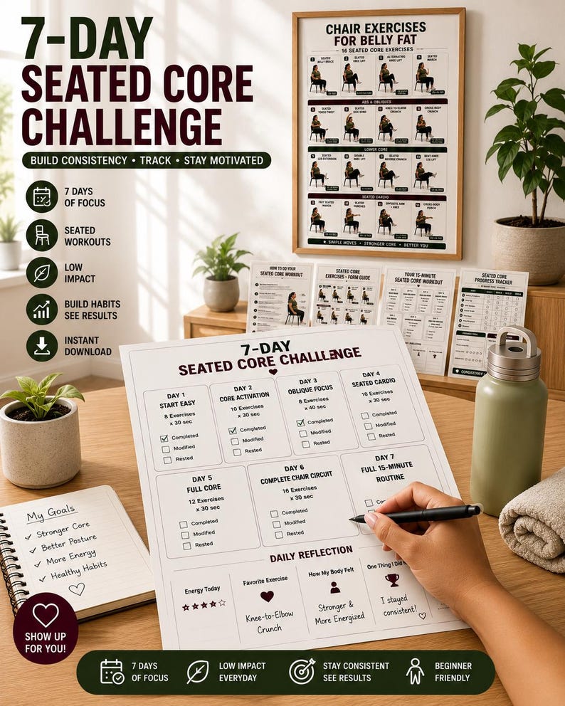Chair Exercises for Belly Fat | 16 Seated Core Exercises to Strengthen Abs & Support Fat Loss | Printable Low Impact Workout Poster PDF — original Etsy mockup 6