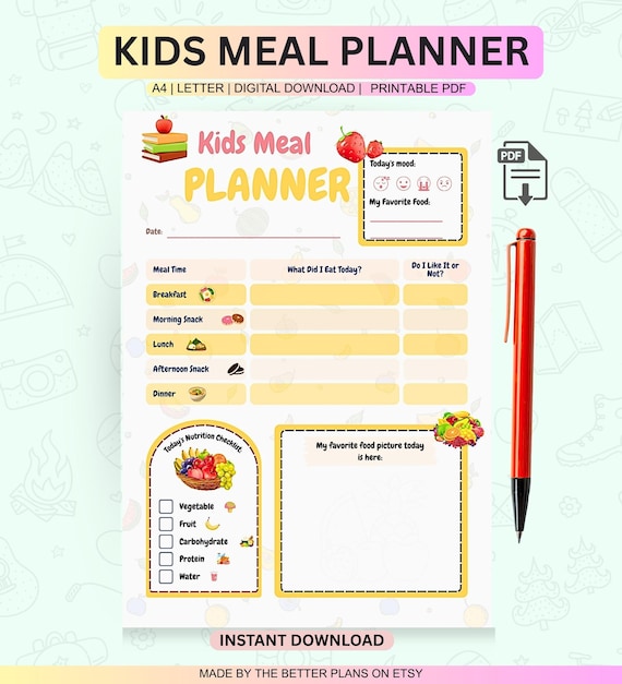 Kids Meal Planner Printable • Daily Kids Food Log • Child Nutrition Tracker • Instant Download