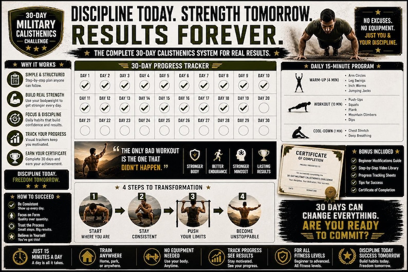 30-Day Military Calisthenics Challenge Printable | No-Equipment Bodyweight Plan — original Etsy mockup 7