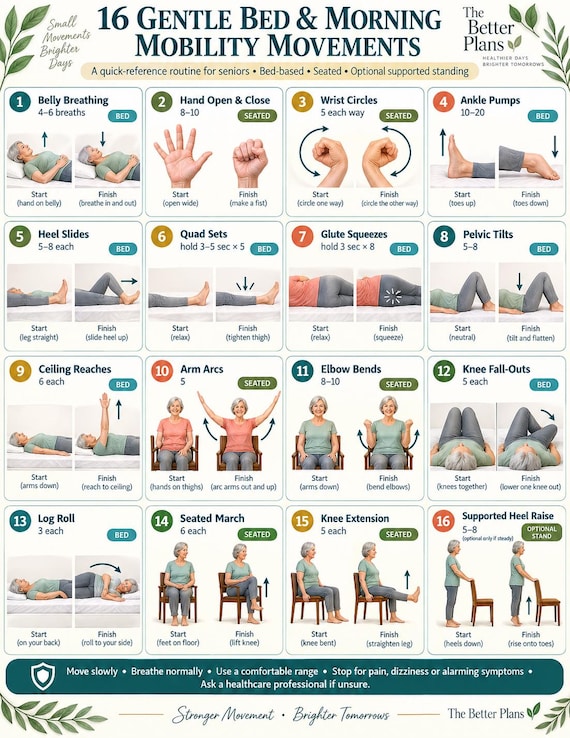 Senior Mobility Exercise Printable, Bed-to-Sit Movement Guide, 30-Day Low Impact Bed Chair Workout with Safety Tracker