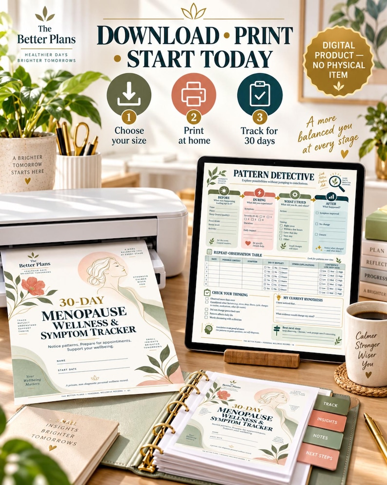 Menopause Symptom Tracker Printable, 30-Day Perimenopause Journal, Hot Flash Sleep Mood & Energy Log, Wellness Planner PDF — original Etsy mockup 8