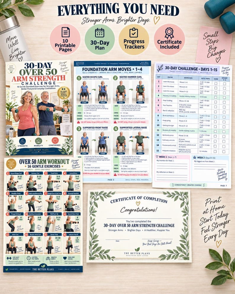 30 Day Over 50 Arm Strength Challenge, Senior Dumbbell Workout, Gentle Arm Exercises, Fitness Tracker & Printable Poster — original Etsy mockup 2