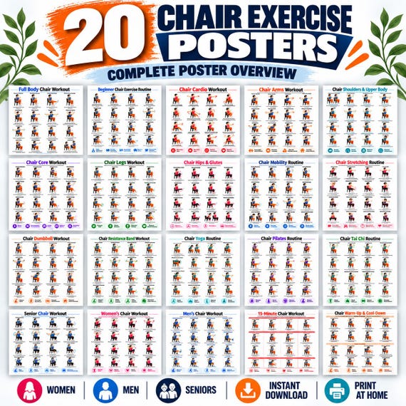 Printable Chair Fitness Bundle, 20 Exercise Charts + 8 Trackers, US Letter A4 A5