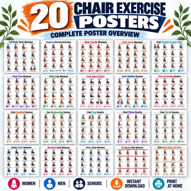 Printable Chair Fitness Bundle, 20 Exercise Charts + 8 Trackers, US Letter A4 A5