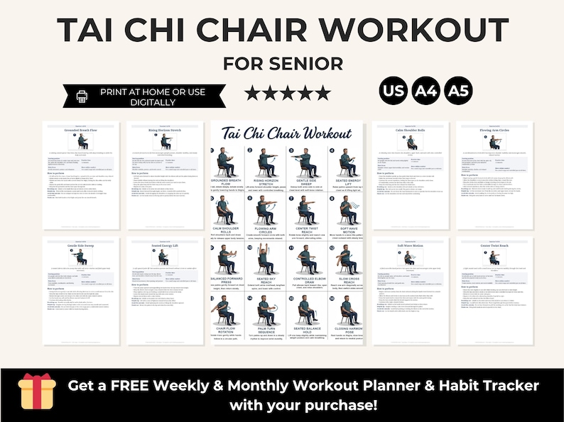 Printable Tai Chi Chair Workout for Seniors | Chair Yoga Exercise Plan (PDF) — original Etsy mockup 2