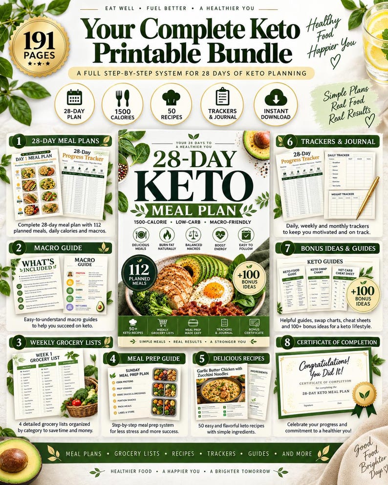 Keto Meal Planner Bundle, 191-Page Printable with 50 Recipes, Trackers & Meal Prep Guides