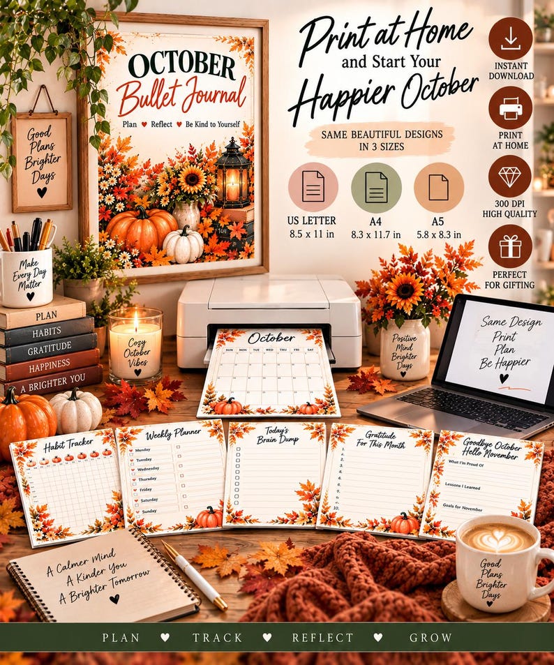 October Planner Printable, Fall Pumpkin Bullet Journal, 20 Page Habit Tracker, Mood Tracker, Self Care Journal PDF — original Etsy mockup 7