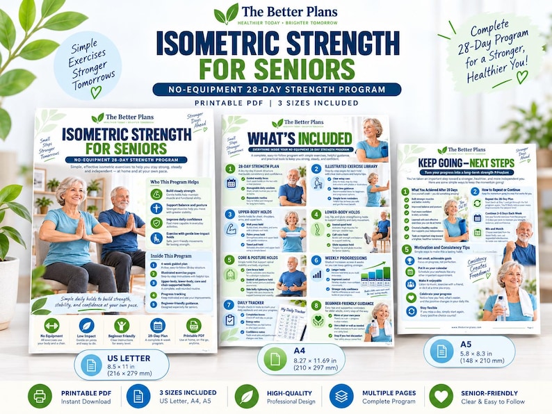Senior Strength Workout Printable PDF, Isometric Exercises for Seniors, 4 Week Low Impact Home Program with Tracker — original Etsy mockup 9