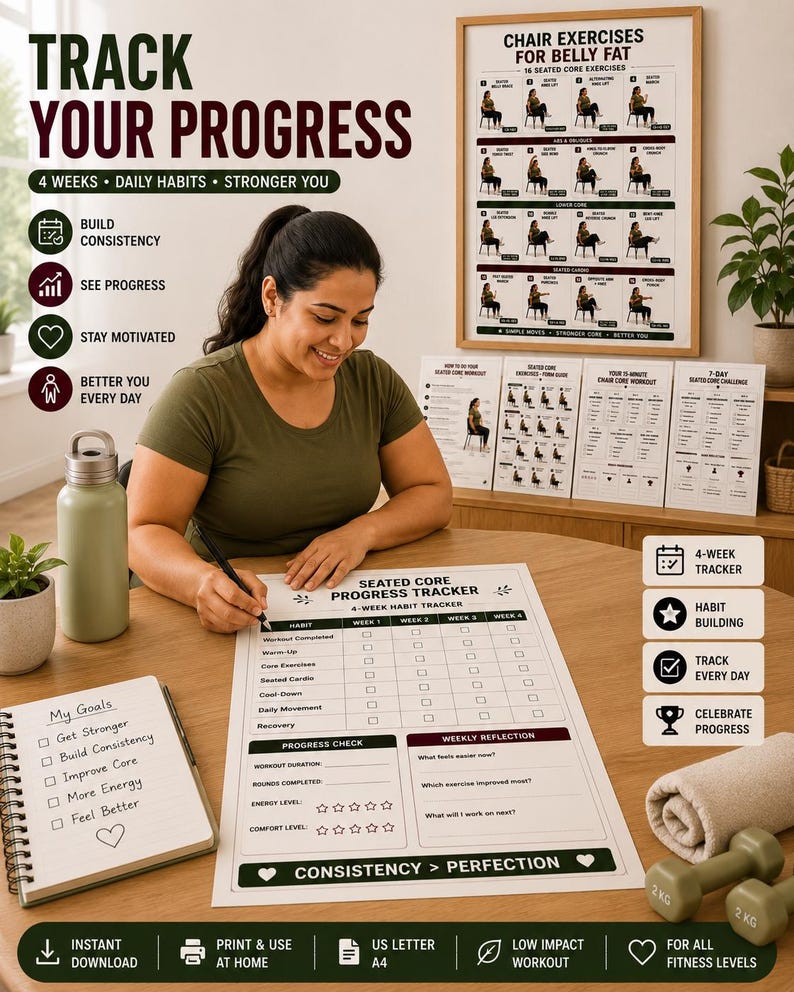 Chair Exercises for Belly Fat | 16 Seated Core Exercises to Strengthen Abs & Support Fat Loss | Printable Low Impact Workout Poster PDF — original Etsy mockup 7