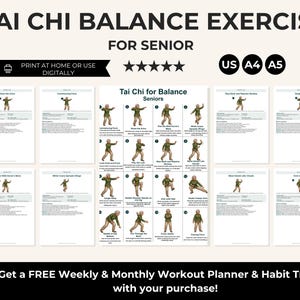 Puede incluir: Una gu&iacute;a imprimible de ejercicios de equilibrio Tai Chi para personas mayores. La gu&iacute;a incluye instrucciones ilustradas para varias posturas de Tai Chi. El texto incluye "Tai Chi Balance Exercise For Senior" y "Print at Home or Use Digitally". Disponible en tama&ntilde;os US, A4 y A5.