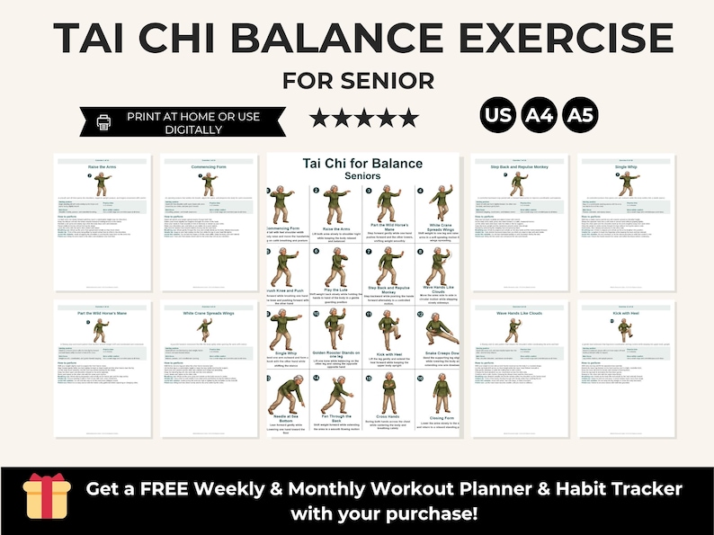 Puede incluir: Una gu&iacute;a imprimible de ejercicios de equilibrio Tai Chi para personas mayores. La gu&iacute;a incluye instrucciones ilustradas para varias posturas de Tai Chi. El texto incluye "Tai Chi Balance Exercise For Senior" y "Print at Home or Use Digitally". Disponible en tama&ntilde;os US, A4 y A5.