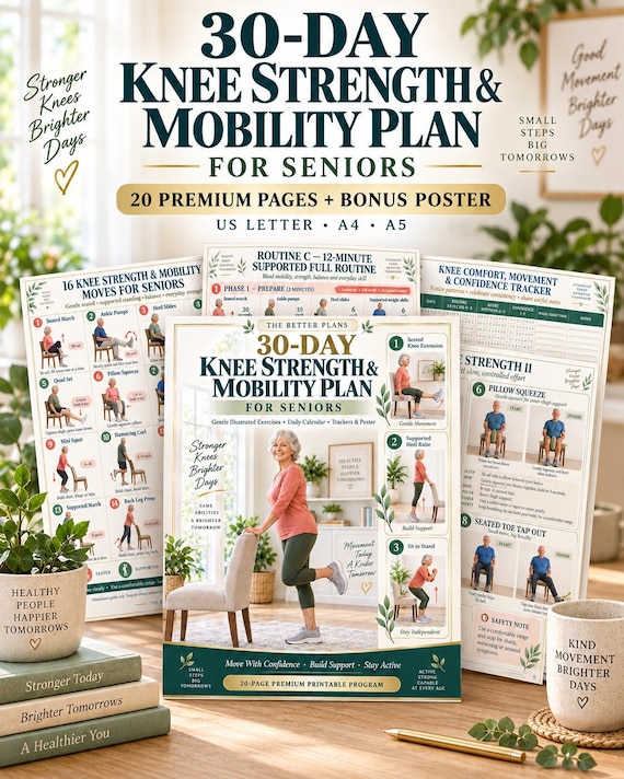 Knee Exercises for Seniors Printable 30 Day Strength and Mobility Plan with Illustrated Guide Tracker and Poster