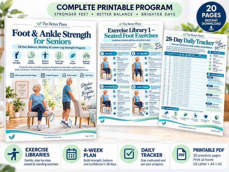 28 Day Foot & Ankle Workout for Seniors, Printable Balance Mobility Exercise Plan, Low Impact Senior Fitness PDF with Tracker — original Etsy mockup 4