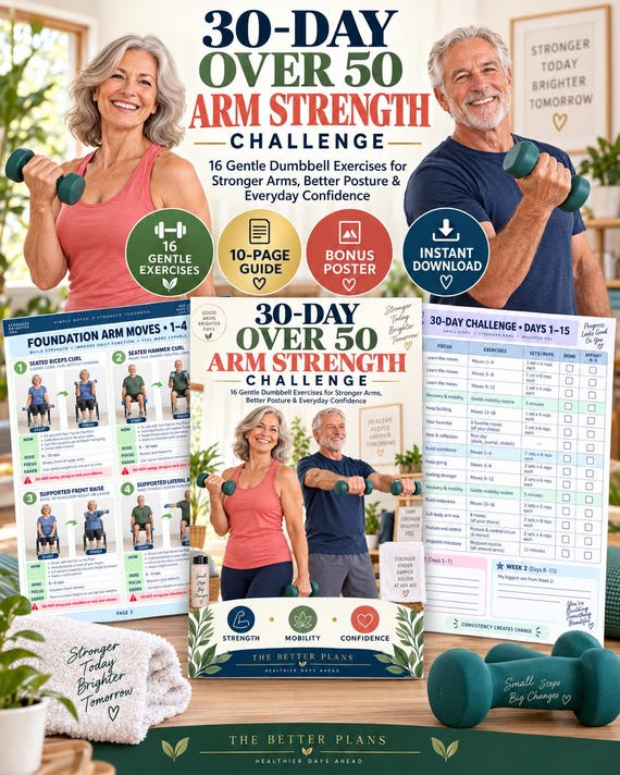 30 Day Over 50 Arm Strength Challenge, Senior Dumbbell Workout, Gentle Arm Exercises, Fitness Tracker & Printable Poster
