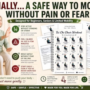 May include: An elderly woman demonstrates Tai Chi chair exercises. The image includes a guide with illustrations of movements, and text that reads "Finally... A Safe Way to Move Without Pain or Fear". The guide is designed for beginners and seniors.
