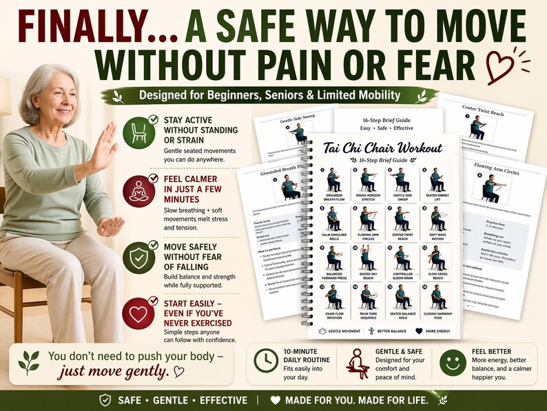 May include: An elderly woman demonstrates Tai Chi chair exercises. The image includes a guide with illustrations of movements, and text that reads "Finally... A Safe Way to Move Without Pain or Fear". The guide is designed for beginners and seniors.