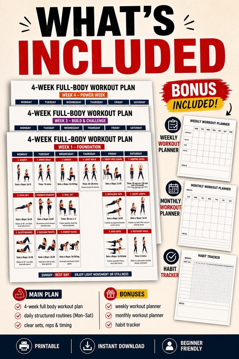 4-Week Full-Body Workout Plan Printable | Beginner Home Fitness Program — original Etsy mockup 3
