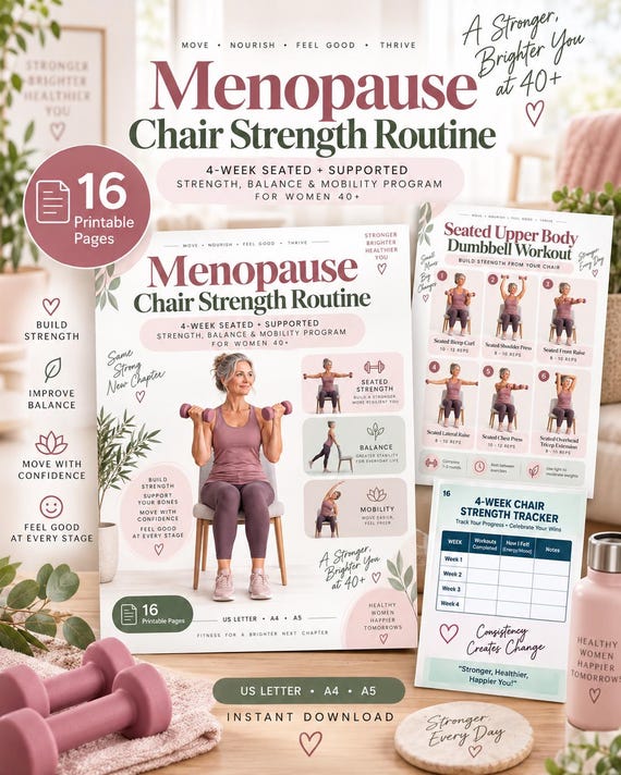 Menopause Chair Strength Routine, 4-Week Seated Workout for Women 40+, Balance & Mobility Printable