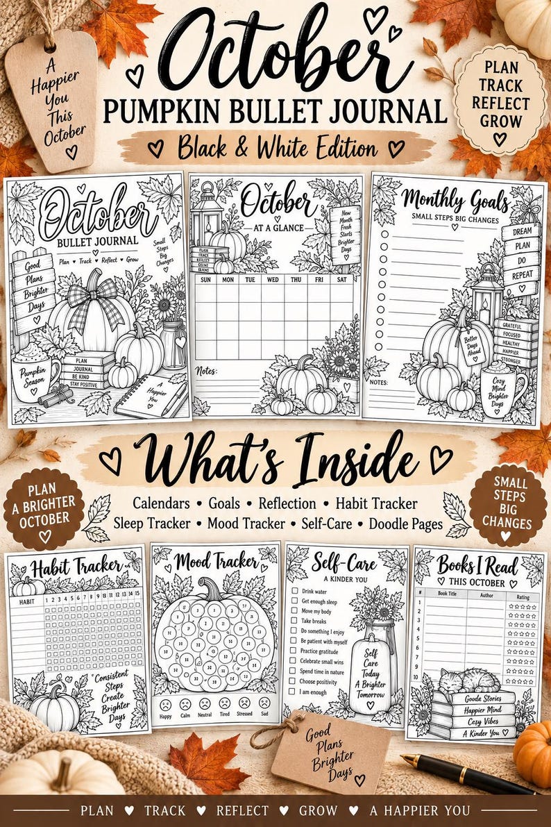 Fall Planner Printable Bundle, October Pumpkin Journal, Weekly Planner & Trackers, Black and White PDF — original Etsy mockup 3