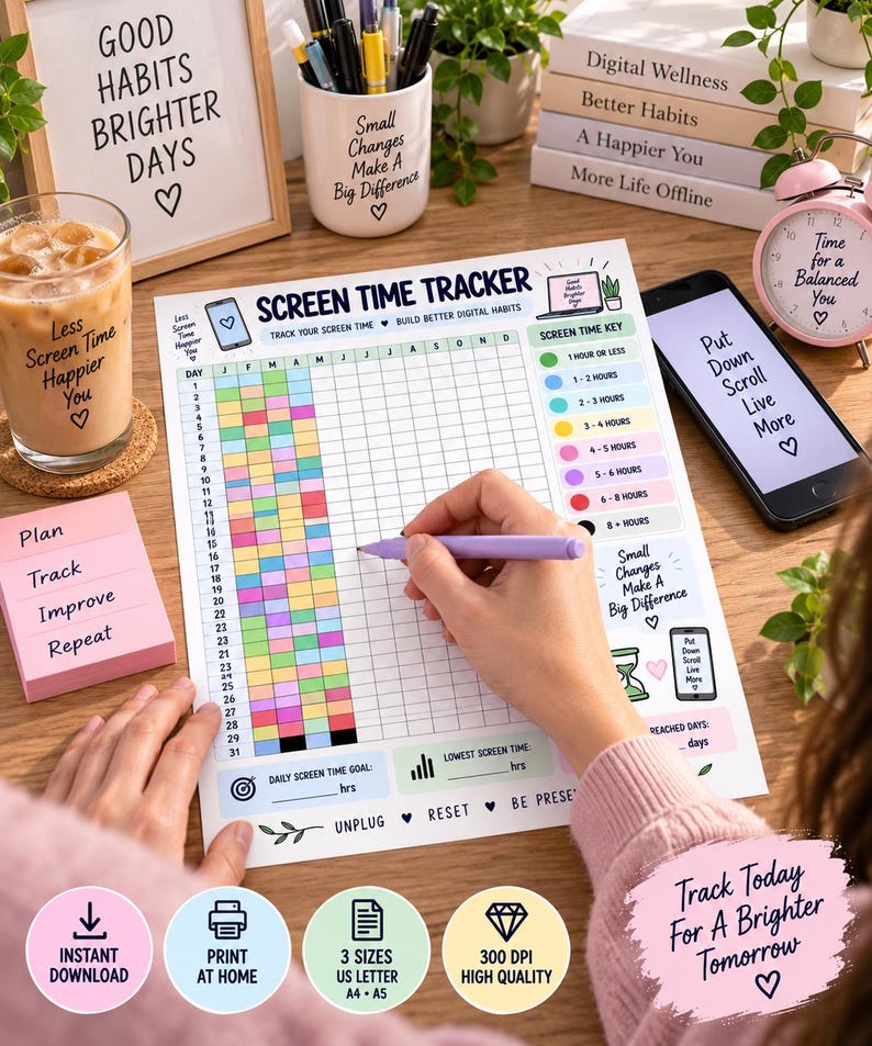 Screen Time Tracker Printable, Digital Wellness Habit Tracker, Phone Usage Log, Monthly Screen Time Chart, Digital Detox Planner PDF — original Etsy mockup 6