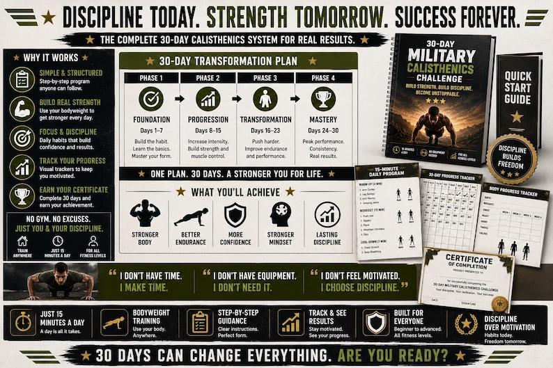 30 Day Military Calisthenics Challenge Poster | Bodyweight Workout Plan | No Equipment Home Fitness Printable — original Etsy mockup 8