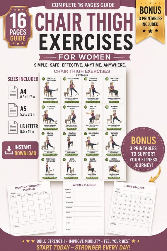 Chair Thigh Exercises for Women Printable | Seated Leg Workout Chart