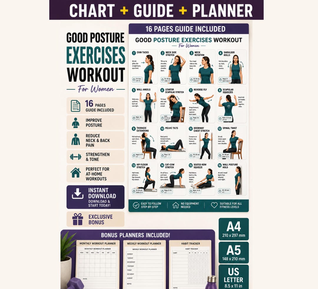 Good Posture Exercises Workout Chart | Back, Neck Pain Relief (digital ...