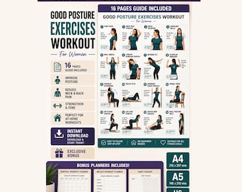 Good Posture Exercises Workout Chart | Back, Neck Pain Relief (Digital Download)