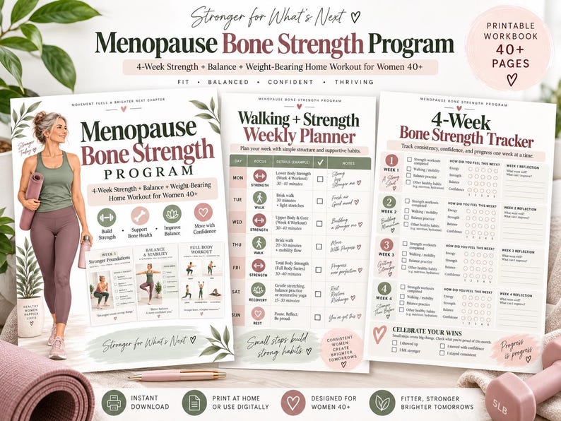 Menopause Bone Strength Program, 4-Week Strength & Balance Workout for Women 40+, Printable Home Fitness PDF — original Etsy mockup 7