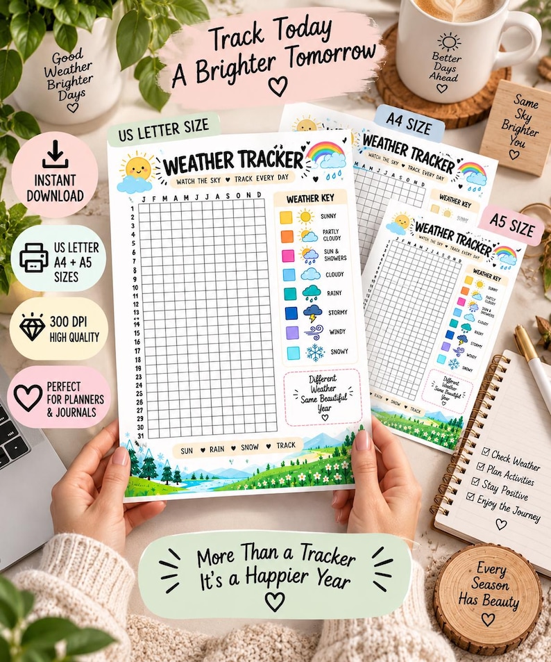 Yearly Weather Tracker Printable, Daily Weather Log, Weather Observation Chart, Homeschool Weather Activity, Nature Study Journal PDF — original Etsy mockup 3