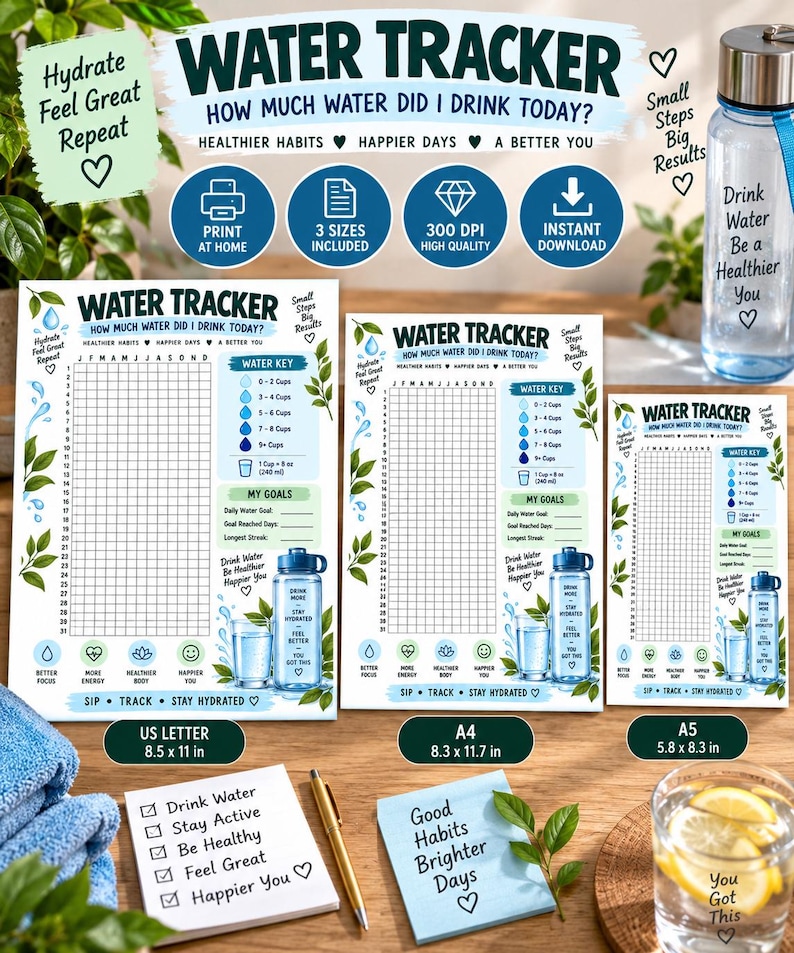 Daily Water Intake Tracker Printable, Hydration Log, Healthy Habit Planner, Water Drinking Challenge, Wellness Journal, Instant Download — original Etsy mockup 5