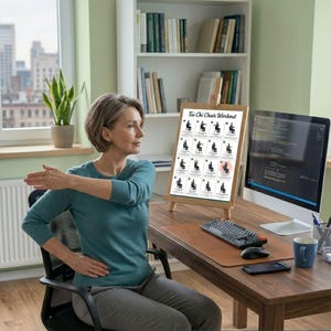 May include: A woman stretches while seated at a desk, with a "Tai Chi Chair Workout" chart on a small easel. The chart displays illustrated exercises. A computer, keyboard, and mug are on the desk. A bookshelf and window are in the background.