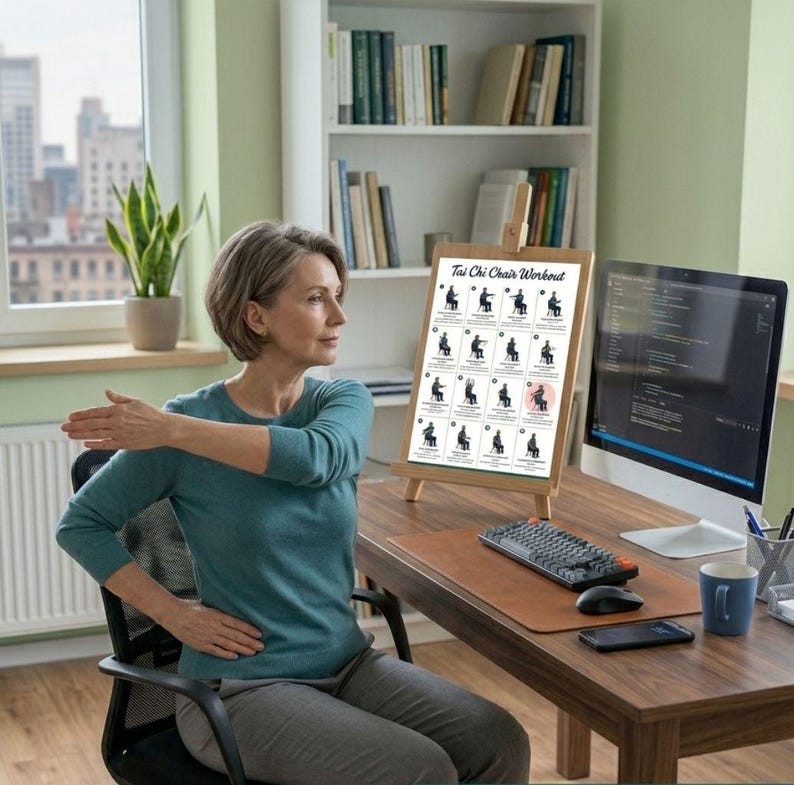 May include: A woman stretches while seated at a desk, with a "Tai Chi Chair Workout" chart on a small easel. The chart displays illustrated exercises. A computer, keyboard, and mug are on the desk. A bookshelf and window are in the background.
