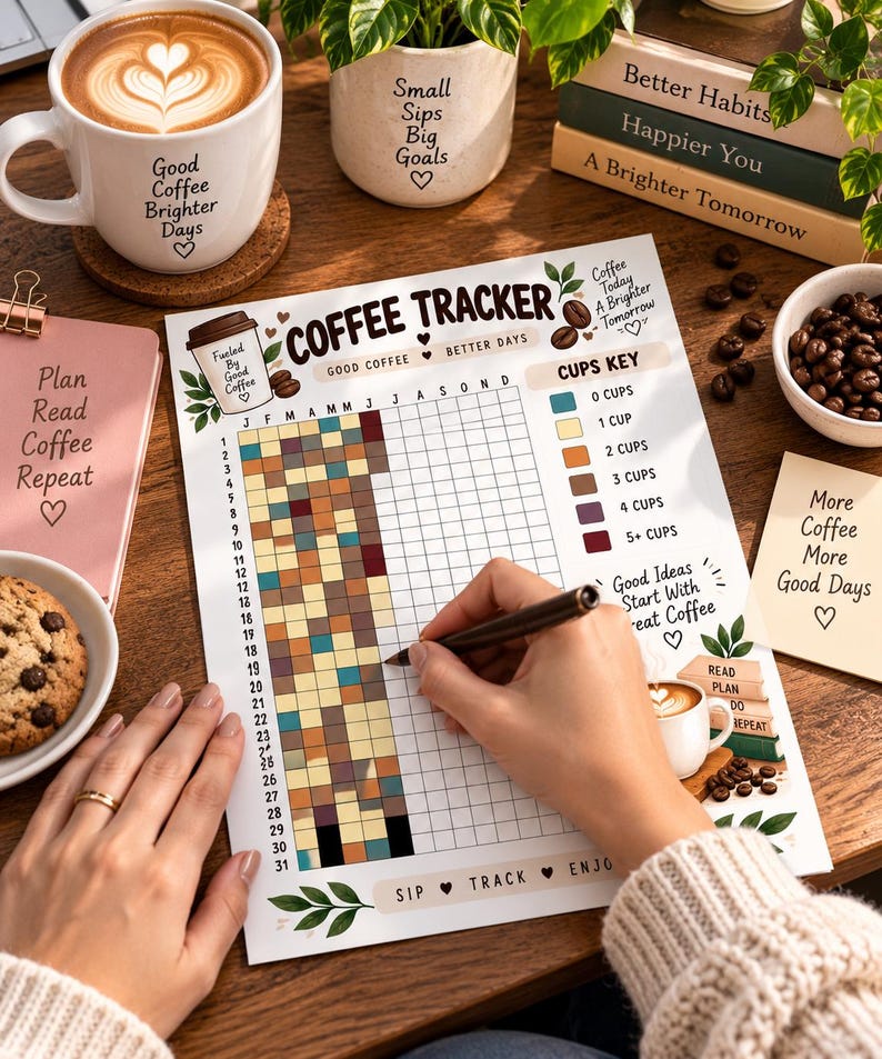 Coffee Habit Tracker Printable, Coffee Journal Insert, Daily Cup Tracker, Caffeine Log, Coffee Lover Gift, Lifestyle Habit Planner PDF — original Etsy mockup 2