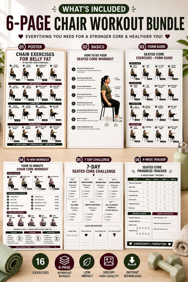 Chair Exercises for Belly Fat | 16 Seated Core Exercises to Strengthen Abs & Support Fat Loss | Printable Low Impact Workout Poster PDF — original Etsy mockup 11