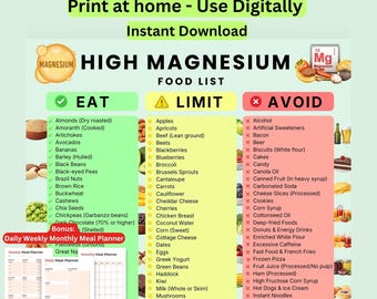 High Magnesium Foods List Printable | Energy, Sleep, Muscle Support Chart (Digital Download)