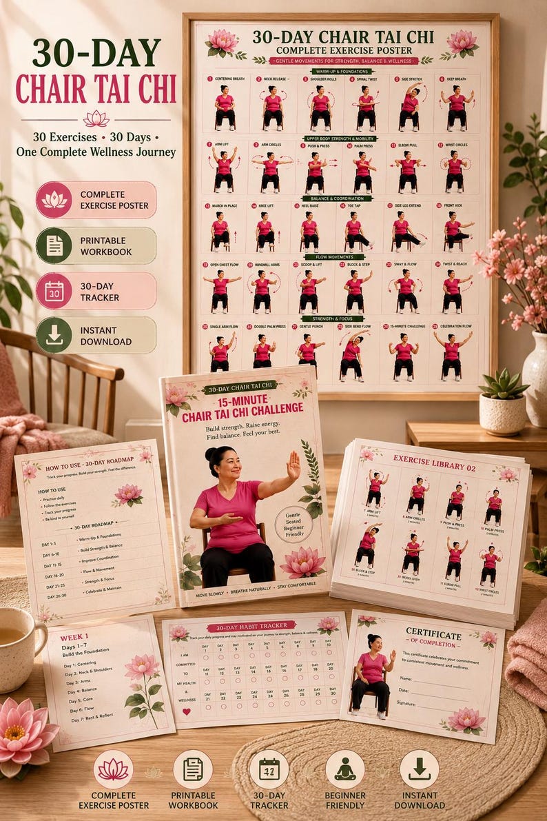 Tai Chi Chair Workout Weight Loss | 30 Day Chair Exercise Plan, Senior Wellness Printable 10 Pages Guide — original Etsy mockup 4