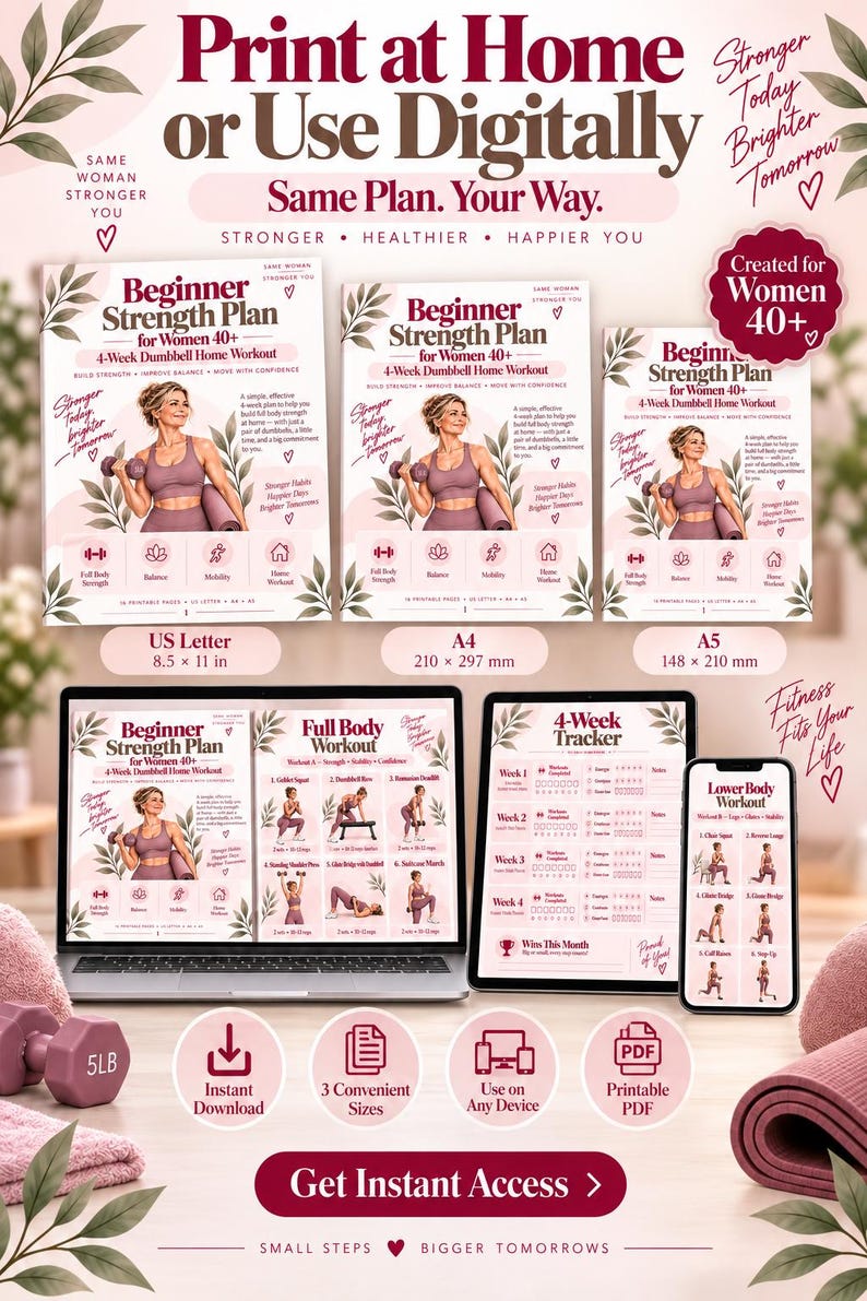 4 Week Dumbbell Workout for Women 40+, Beginner Home Strength Training PDF — original Etsy mockup 11