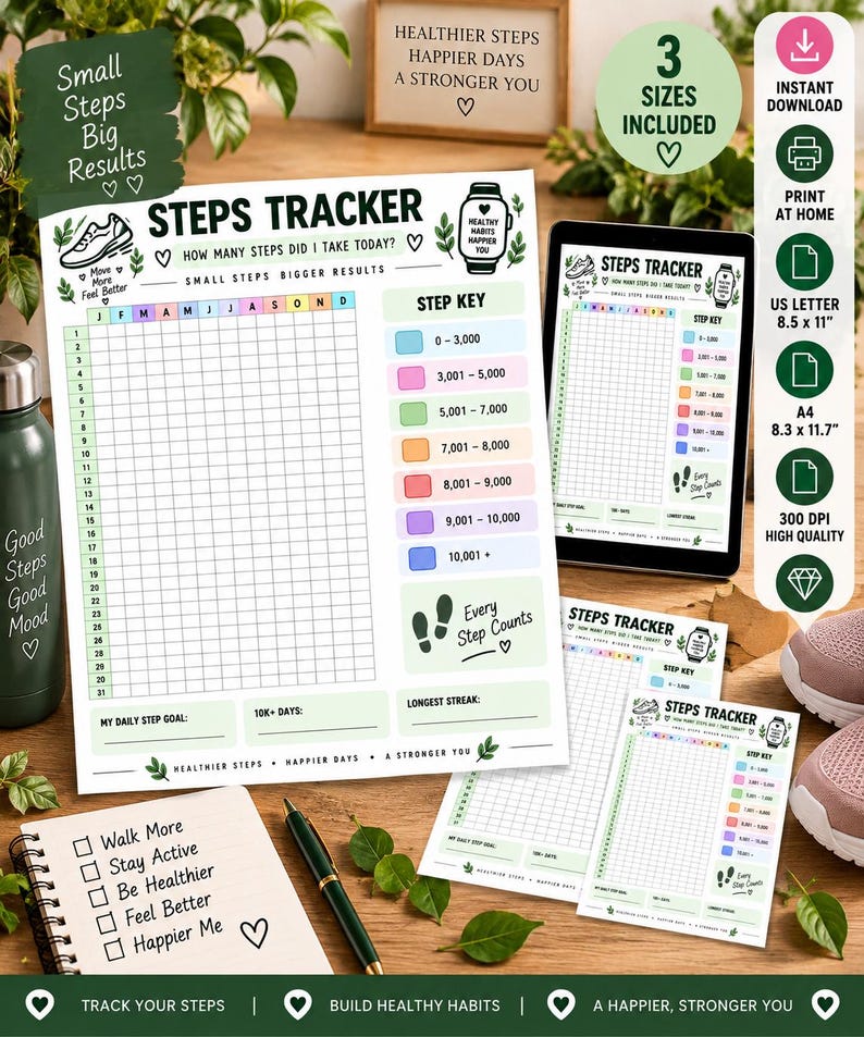 Daily Step Tracker Printable, Walking Challenge Planner, 10K Steps Tracker, Fitness Progress Log, Year in Pixels, Wellness PDF — original Etsy mockup 7