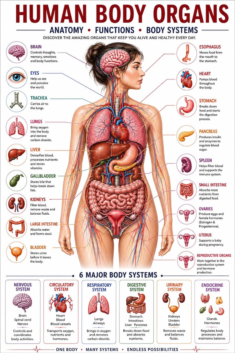 Human Body Anatomy Poster Printable, Organs, Functions, Systems (Digital Download) – mockup 1
