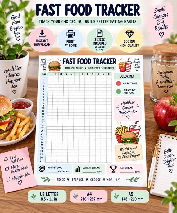 Fast Food Tracker Printable, Healthy Eating Habit Tracker, Food Journal, Monthly Meal Tracker, Wellness Planner, Digital Download PDF