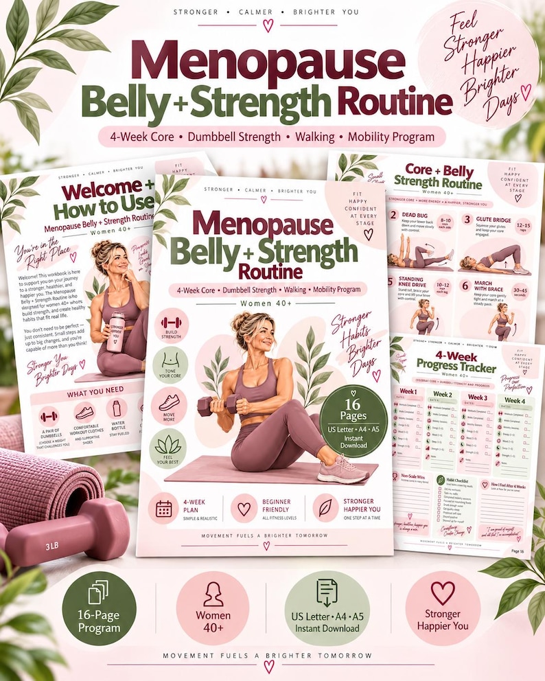 Menopause Belly Strength Routine, 4-Week Core Dumbbell Workout for Women 40+, Walking & Mobility Printable PDF — original Etsy mockup 10