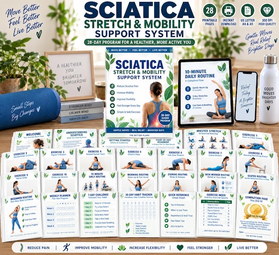 Sciatica Exercises Printable Bundle, Gentle Lower Back Stretches, Nerve Glides & Daily Mobility Routines