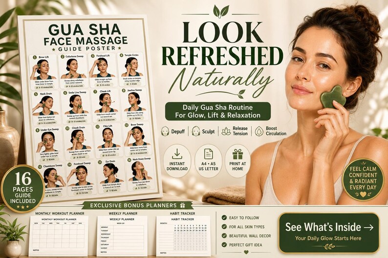 Gua Sha Face Massage Chart Printable, Facial Lymphatic Drainage Routine Poster, Skincare Self Massage Jawline Guide For Women, Gua Sha — original Etsy mockup 3