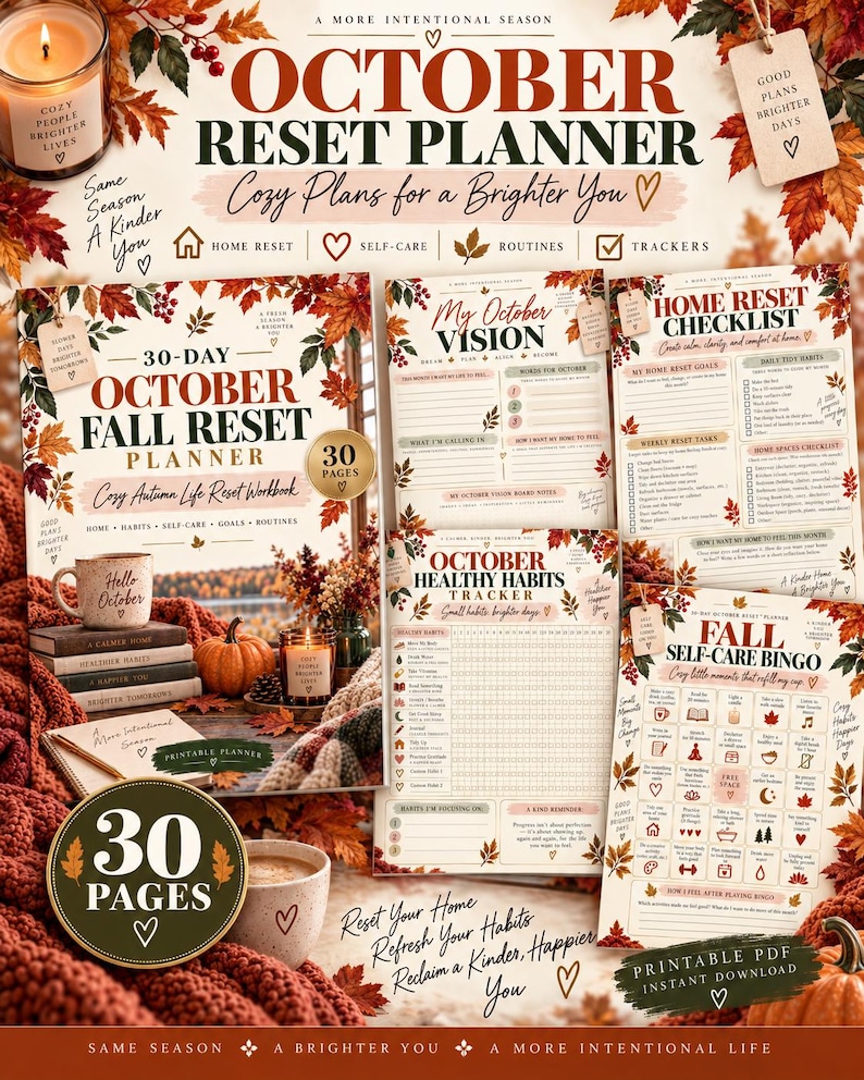 Autumn Reset Workbook Printable, 30 Page October Planner, Fall Home Organization Self Care Habit Tracker Goal Setting PDF — original Etsy mockup 9