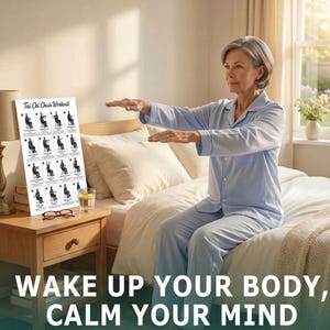 May include: A woman in light blue pajamas practices Tai Chi chair exercises on a bed. A poster with Tai Chi chair workout instructions sits on a nightstand. The text "Wake up your body, calm your mind" is at the bottom of the image.