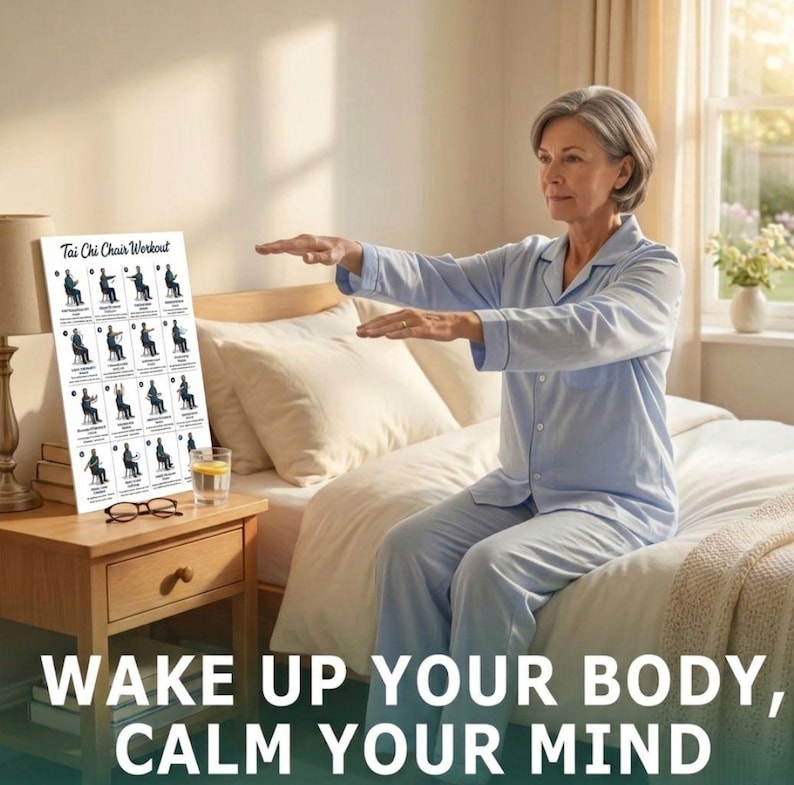 May include: A woman in light blue pajamas practices Tai Chi chair exercises on a bed. A poster with Tai Chi chair workout instructions sits on a nightstand. The text "Wake up your body, calm your mind" is at the bottom of the image.