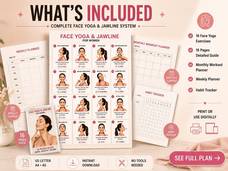 Face Yoga Jawline Exercises Printable | Facial & Neck Self-Care Chart — original Etsy mockup 4