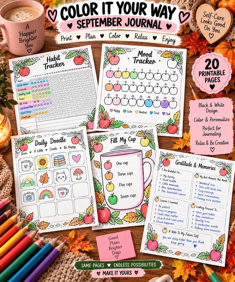 September Bullet Journal Printable, Fall Planner Bundle, Mood Habit Sleep Tracker, September Calendar, Self Care Journal PDF - BuJo — original Etsy mockup 7